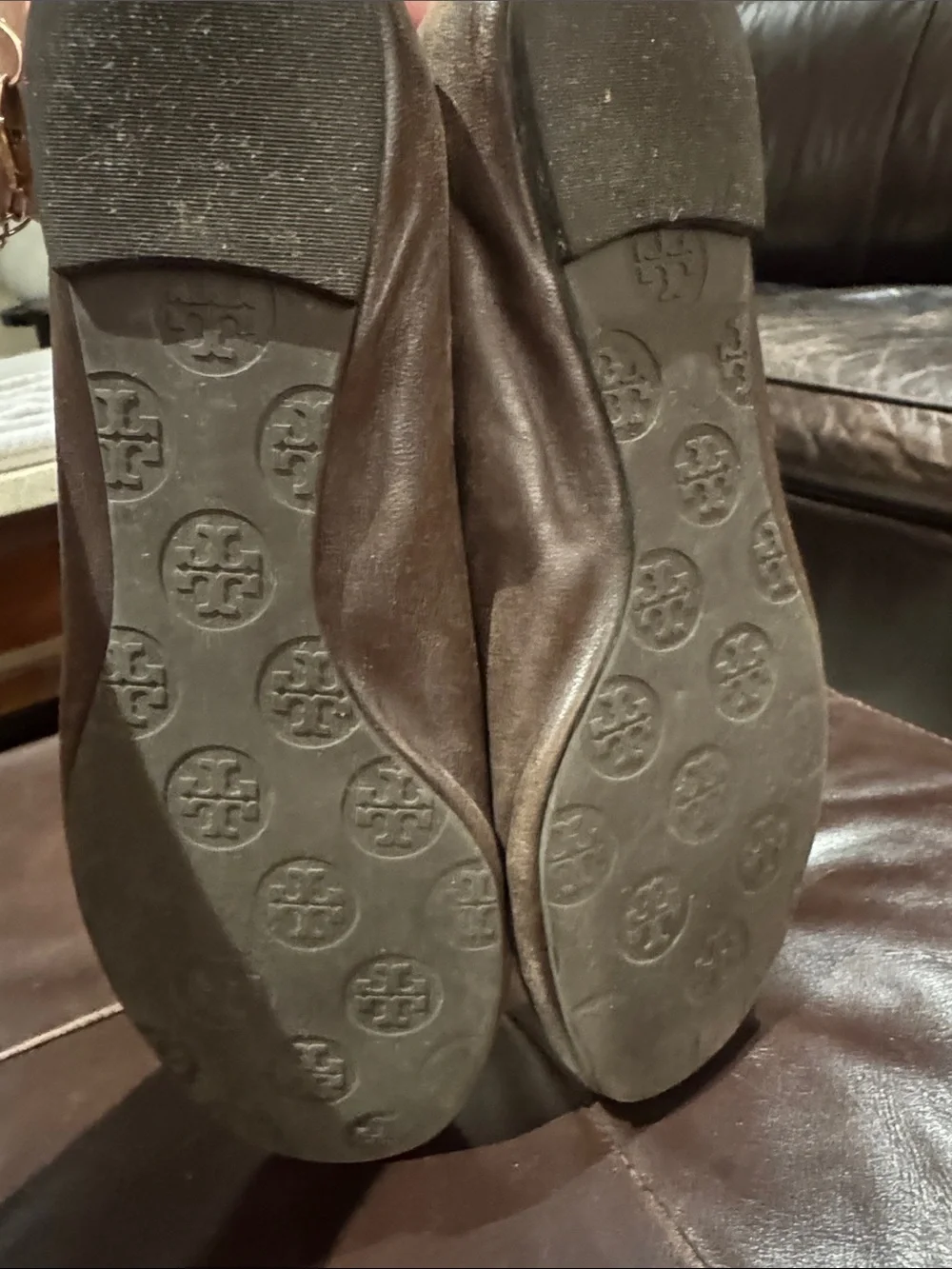 Tory Burch Brown Leather Ballet Flats with Gold Logo Medallion